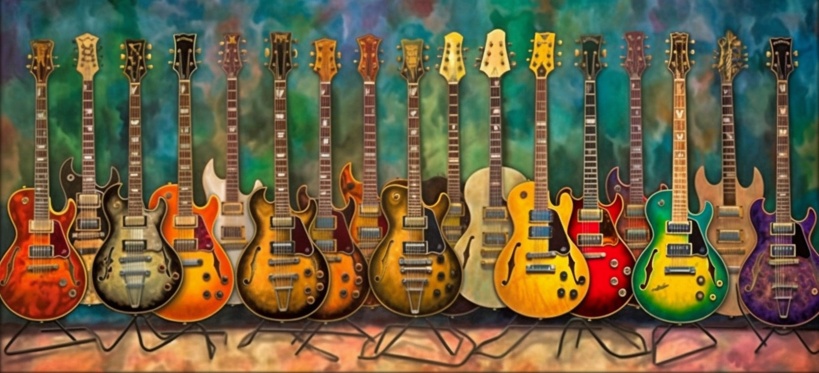 guitar collection on stands dozens