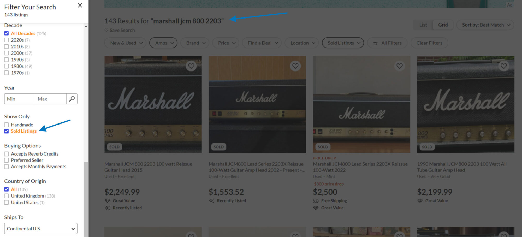 reverb filter sold listings